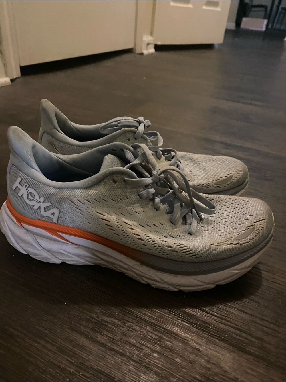 Hoka Grey Running Shoes with Orange Accent